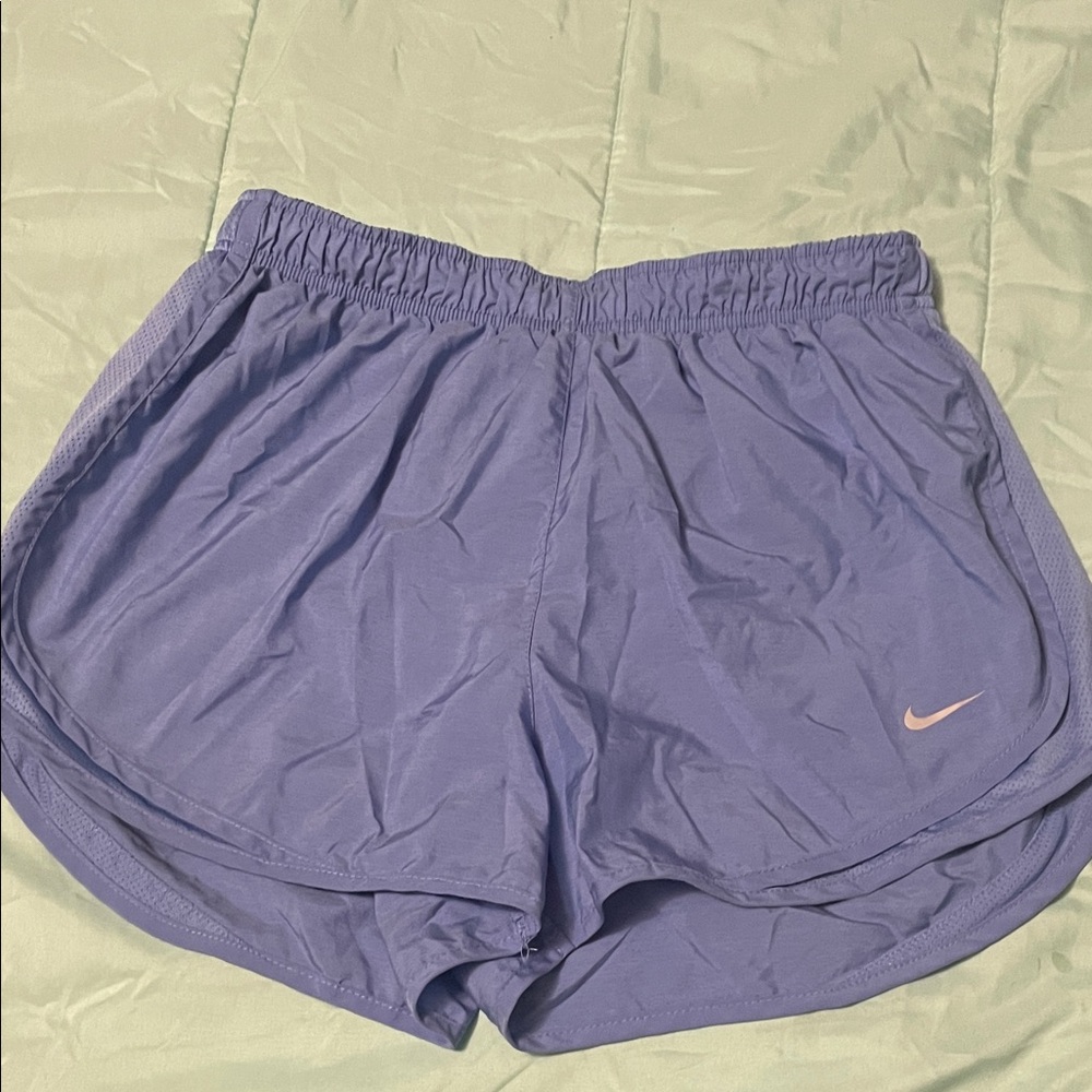 Nike Women's Lavender Athletic Shorts with Pink Swoosh